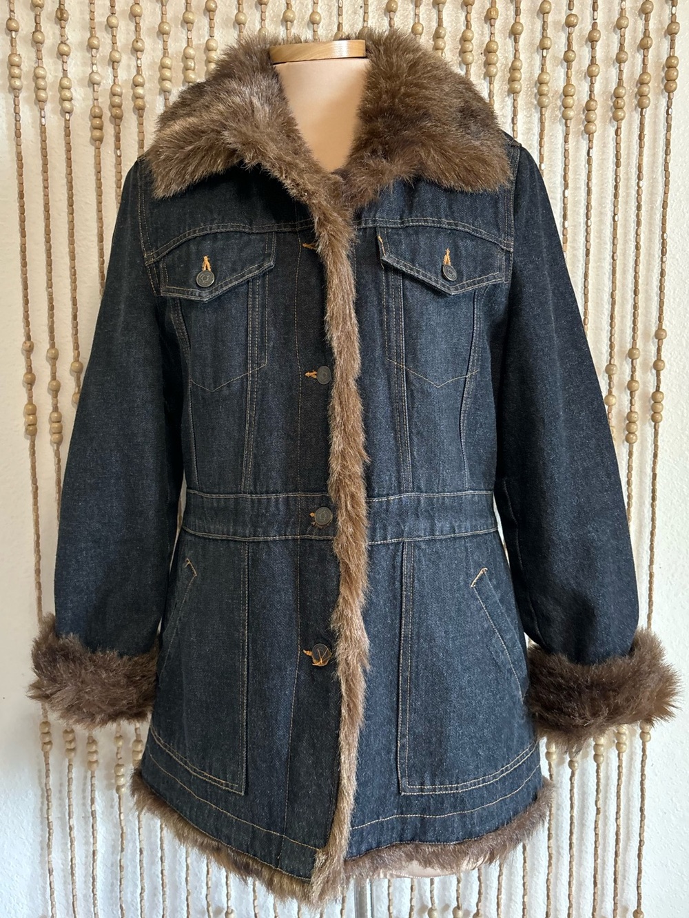 Vintage Marvin Richard’s Denim Faux Fur-Trim Lined 90s Boho Grunge Euro Jacket L